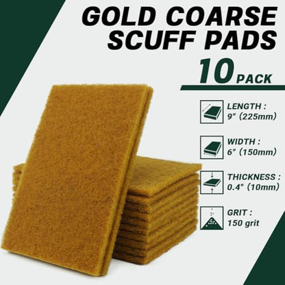 6" x 9" Gold Coarse Scuff Pads, 10 Pack – Non-Woven Hand Pads for Aggressive Cleaning, Scuffing, Scouring, Sanding, Rust & Paint Removal – Reusable Aluminum Oxide Abrasive Pads - color: Gold