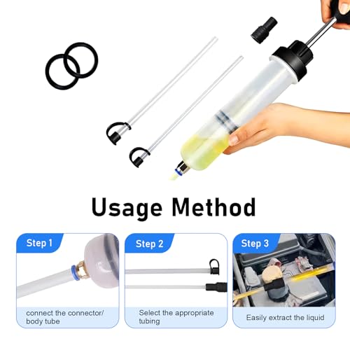 Automotive Fluid Extractor Pump, 200cc Manual Extraction Oil Syringe with 2 Hoses, Auto Oil Change Syringe Pump, Universal for Power Steering Transmission Gear Oil & Brake Fluid Transfers