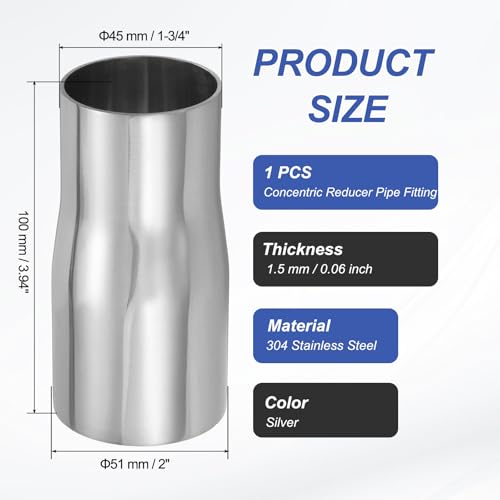 PATIKIL Concentric Reducer Pipe Fitting, 2"(51mm) to 1-3/4"(45mm) OD 304 Stainless Steel Butt Weld Tube Long Reducer Exhaust Pipe for Food Beverage HVAC Plumbing, Silver - size: 2" to 1-3/4" OD