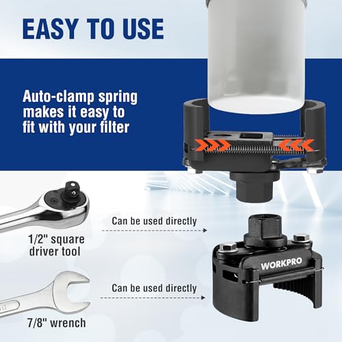 WORKPRO Universal Oil Filter Wrench (2-3/8 to 3-1/8") Adjustable with Auto-Clamp Spring, Oil Filter Removal Tool, Oil Filter Change Set, Ideal for Engine Filters, Conduit, & Fittings
