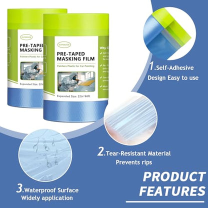 Painters Plastic with Tape 22" x 66',Pre-Taped Masking Film Reinforced Tape and Drape,Tear-Resistant Plastic Painting Film for Car Painting & Home Renovation (4 Rolls) - size: 22" x 66'