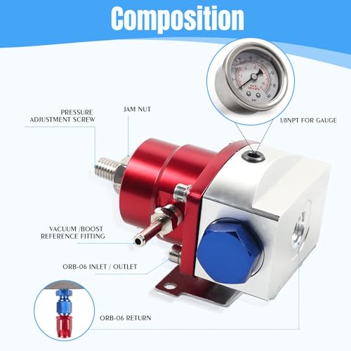 EFI Fuel Pressure Regulator Kit 0-100psi with Gauge 6AN Fuel Line Fitting Universal Adjustable Aluminum (Blue+Red) - color: Blue&Red