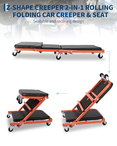 36 Inch 2-in-1 Foldable Z-Creeper Seat with Wheels, Rolling Mechanic Creeper Under Car, 330 LBS Weight Capacity Garage Shop Repair Stool with 6 Swivel Casters for Automotive Maintenance