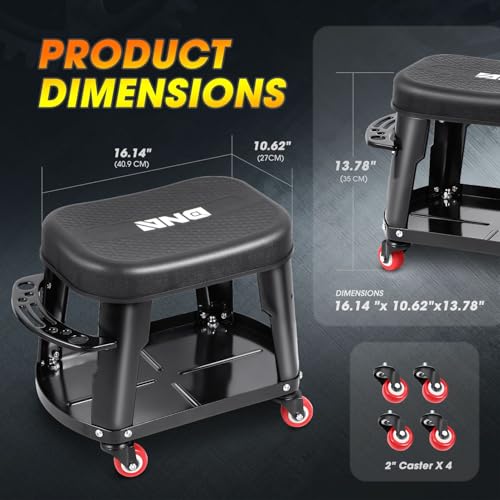 DNA Motoring TOOLS-00252 Removable Rolling Garage Stool with Seat Cushion & Tool Tray Plate,300lbs Max Weight Capacity - color: Black