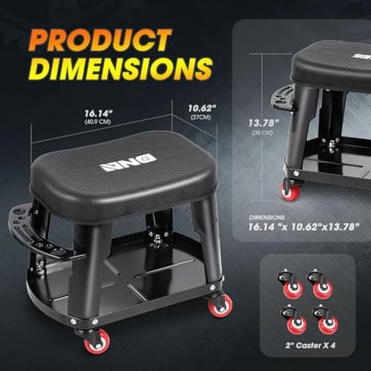 DNA Motoring TOOLS-00252 Removable Rolling Garage Stool with Seat Cushion & Tool Tray Plate,300lbs Max Weight Capacity - color: Black