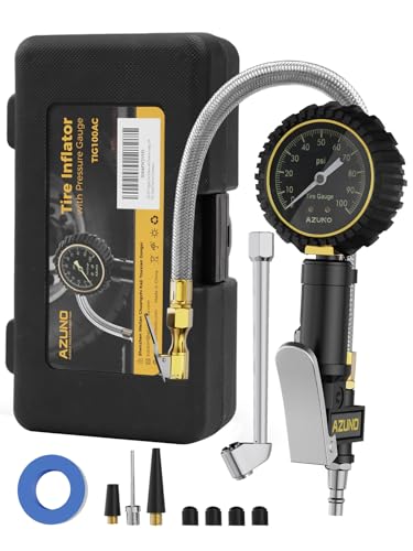 Analog Tire Inflator Gauge with Steel Braided Hose, 100 PSI Mechanical Tire Pressure Gauge – 3-in-1 Inflate/Deflate/Measure, 2.6" Glow Dial, Air Chuck for Car, Truck, SUV, RV, Bike (with Case) - size: 100 PSI -Precision