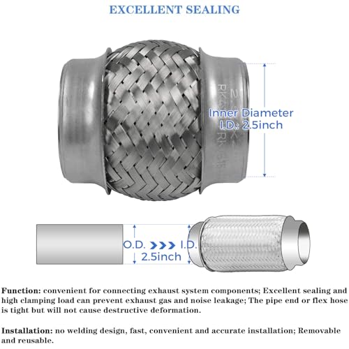 Exhaust Flex Pipe 2.5" Inlet 4" Length Heavy Duty Stainless 2 Pack - size: 2.5"x4"-2 Pack