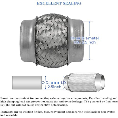 Exhaust Flex Pipe 2.5" Inlet 4" Length Heavy Duty Stainless 2 Pack - size: 2.5"x4"-2 Pack
