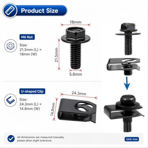 50Pcs M6 Body Bolts & U Nut Clips Kit Fender Bumper Splash Shield Fastener
