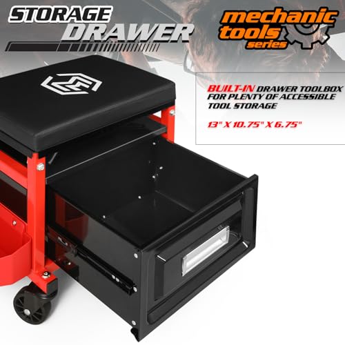 M-AUTO Mechanic Stool Garage Rolling Tool Chest Seat w/Drawer & Tray, 350LBS Capacity Multi-Function Adjustable Height Mechanic Creeper Seat for Projects Inside The Garage and Workshop, Red - size: 16"