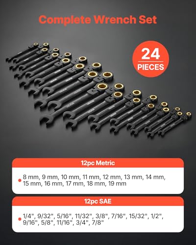 VEVOR 24-piece Ratcheting Wrench Set with 180° Flex Head, Anti-Slip Tooth, Combination Wrench Sets with Organizer Box, Metric 8-19mm & SAE 1/4-7/8", Black Electrophoretic Coating - color: Black 24pcs, size: Metric&SAE