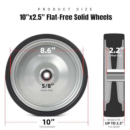 AR-PRO (2-Pack) 10"x2.2" Flat Free Solid Rubber Replacement Tires – 10 Inch Solid Wheels for Hand Trucks, Dollies, Utility Carts, and Wheelbarrows with 2.2" Offset and 5/8" Axle Hole - size: 10"x2.2