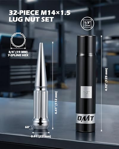 OMT M14x1.5 Spike Lug Nuts, 32pcs Lug Nuts Set with 1 Socket Key - color: Silver, size: M14x1.5, style: 32Pcs Spike Spline Tuner