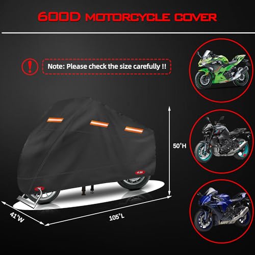 Motorcycle Cover, Heavy Duty 600D Oxford, Fits up to 105" - size: 105" x 41" x 50"