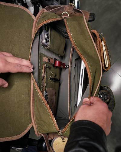 Trip Machine Company Expedition Motorcycle Saddle Bags – 25L Each (50L Pair) 16oz Heavy-Duty Canvas & Leather Panniers, Waterproof Lining with Rain Cover (Pair, Green) - color: Green, style: Pair