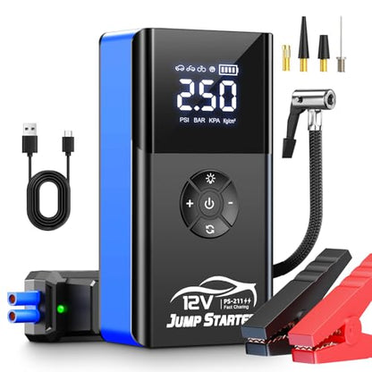 Jump Starter with Air Compressor, 8000A 180PSI, Portable Car Battery Jump Starter (All Gas/12L Diesel) 12V Automobile Jump Box Pack Chargers with Jumper Cables, 4-Mode LED Lights - color: blue