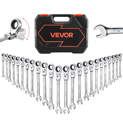 VEVOR 24-piece Ratcheting Wrench Set with 180° Flex Head, Anti-Slip Tooth, Combination Wrench Sets with Organizer Box, Metric 8-19mm & SAE 1/4-7/8", Polished - color: Silver 24pcs, size: Metric&SAE