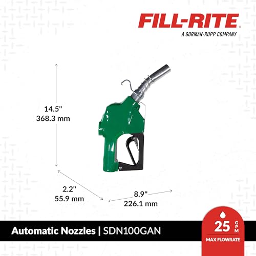 Fill-Rite SDN100GAN 1” 5 to 25 GPM Automatic Standard Duty Fuel Transfer Nozzle, Green - For Gasoline, Diesel, Biodiesel up to B20, E15 & Kerosene - style: 1" Standard Nozzle (Green)