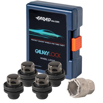 Farad GalaxyLock 382/MX Black Chromed Lug nut Wheel-Locks Kit Suitable for Toyota Highlander (M12 X 1.5 Thread Size) - Set of 4 Lug Nuts + 1 Key
