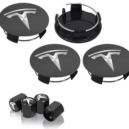 4 Pack Wheel Center Cover for Tesla Model 3 & Model Y,56mm Hubcaps Wheel Rim Cover Tesla Center Caps Hubcaps+4 Car Valve Stem Caps (Matte Grey+Silver Emblem) - color: Matte Grey+Silver Emblem