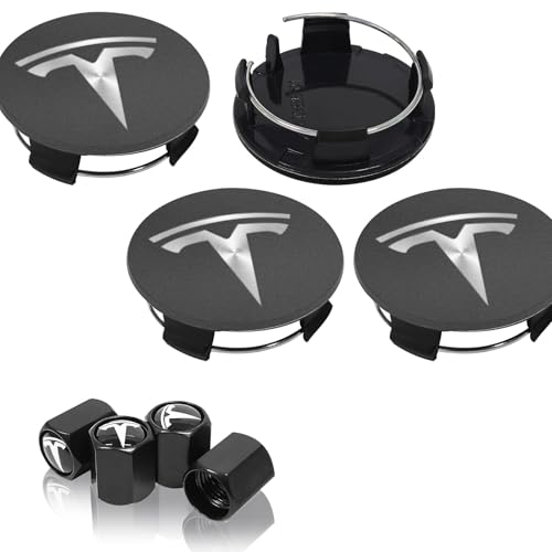 4 Pack Wheel Center Cover for Tesla Model 3 & Model Y,56mm Hubcaps Wheel Rim Cover Tesla Center Caps Hubcaps+4 Car Valve Stem Caps (Matte Grey+Silver Emblem) - color: Matte Grey+Silver Emblem