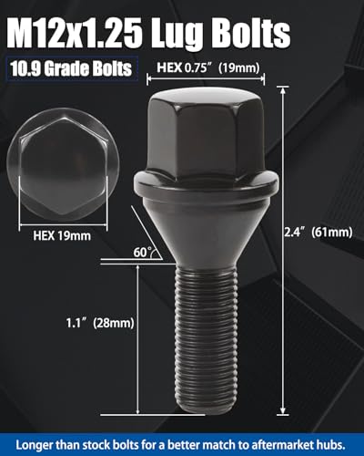 GAsupply M12x1.25 OEM Lug Bolt Black, 28mm Shank Cone Seat 3/4" Hex, 20pcs - color: Black, size: 20pcs