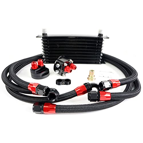 PIT66 Universal AN10 Engine Transmission Oil Cooler Compatible with Japanese Model Black 10 Row Aluminum with Filter Relocation Kit A Set - color: Black, size: 10 Row Japanese Model-A Set