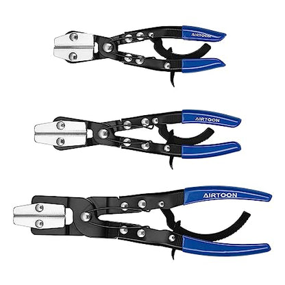 3-Pack Hose Pinching Pliers Set, Automatic Locking Ratcheting, Pinch Off Pliers for Flexible Hoses, Automotive, Gas Lines, Radiator, Brake, Coolant, and Fuel Systems (Blue, 3 Sizes)