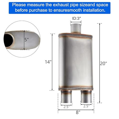 Universal 409 Stainless Performance Exhaust Muffler, single in dual out muffle (3 in inlet 2.5 in dual outlet) - size: 3 in inlet 2.5 in dual outlet