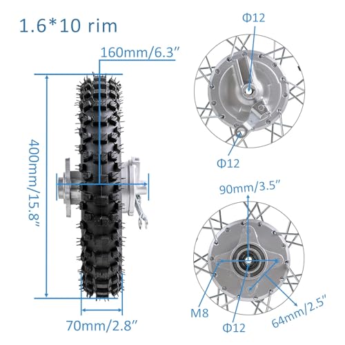 TDPRO 12’’ Front Wheel 60/100-12 & 10’’ Rear 80/100-10 Drum Brake Wheel for Dirt Pit Bike KLX110 KX65 Thumpstar 70cc-125c CRF50 XR50 Motorcycle