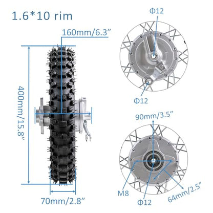 TDPRO 12’’ Front Wheel 60/100-12 & 10’’ Rear 80/100-10 Drum Brake Wheel for Dirt Pit Bike KLX110 KX65 Thumpstar 70cc-125c CRF50 XR50 Motorcycle