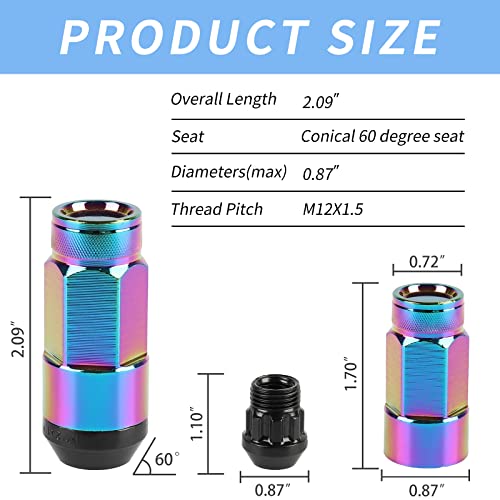 20PCS Closed End Lug Nuts M12X1.5 Wheel Rims Lug Nuts +Socket (Neo Chrome) - color: Neo Chrome