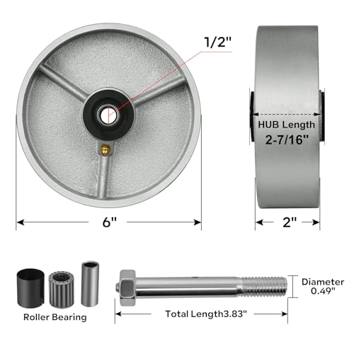 6" x 2" Industrial Casters, Steel Cast Iron Wheel - Heavy Duty Caster -Set of 4 Caster with 5000 lbs Capacity, Roller Bearing-1/2" Bore, Replacement Wheel for Platform Trucks(4 Pack) - style: 6"×2"