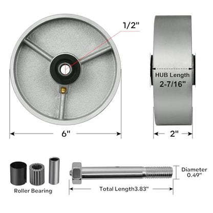 6" x 2" Industrial Casters, Steel Cast Iron Wheel - Heavy Duty Caster -Set of 4 Caster with 5000 lbs Capacity, Roller Bearing-1/2" Bore, Replacement Wheel for Platform Trucks(4 Pack) - style: 6"×2"