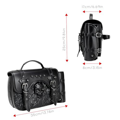 14L Motorcycle Tool Bag 3D Skull Embossed PU Leather Saddlebag with Handlebar Roll Bag, Universal Waterproof Black Motorcycle Side Bags Storage Pouch for Most Motorcycles - style: Skull Pattern Bag Featuring Side Roll-up Pocket