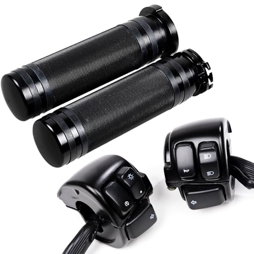Motorcycle Hi/Lo Beam Headlight Horn Turn Signal On/Off Switch Controls with Hand Grips Completed Black kit for 1" Handlebar Harley Softail Dyna Sportster Touring