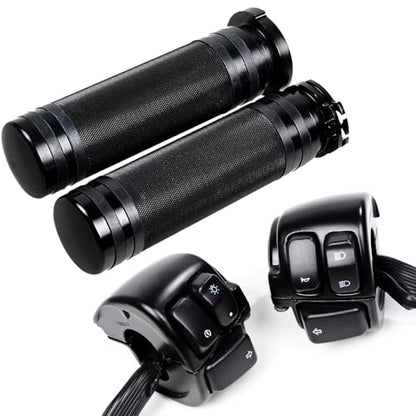 Black Kit 1" Handlebar Multi-Function Switch Controls + 2PCS CNC Rubber Hand Grips for 1996-2012 Harley Softail Dyna Sportster