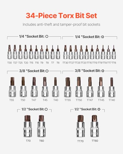 VEVOR Torx Bit Socket Set, 34-Piece Solid Star and Tamper Proof T6-T70, S2 Alloy Steel and Cr-V Steel, 1/4 in, 3/8 in, and 1/2 in Drives, with Enhanced Storage Case, Torx Sockets for Hand Use - size: 33 PCS