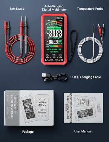 Digital Multimeter, Auto-Ranging Smart Electrical Tester, 6000 Counts TRMS, USB-C Rechargeable, Easy-to-Read Color Display, NCV Detection for Home, Automotive & DIY Use