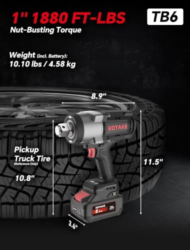 ROTAKE 20V 1" Pro Heavy-Duty Cordless Impact Wrench Kit, 1880 FT-LBS, TB6 - size: 1" (1880 ft-lbs) TB6