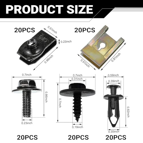 100 PCS Car Body Screws and Bolts, Splash Shield Retainer U-Nuts Kit, Bumper Fender Screws Bolts Set, Universal Engine Chassis Nut/Body Clamp, for Most Cars (Black)