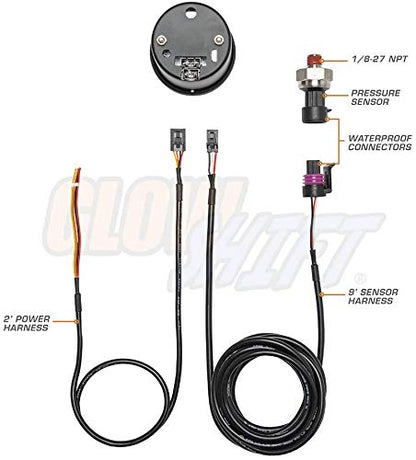 GlowShift Tinted 7 Color 30 PSI Fuel Pressure Gauge Kit, 2-1/16" 52mm