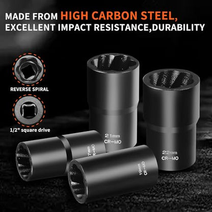 6 PCS Lug Nut Removal Tool, Drive Lug Nut Remover Socket Tool for Damaged, Frozen, Studs, Rusted, Rounded-Off Bolts & Nuts Screws（22mm,24mm,25mm,27mm） - style: 22mm,24mm,25mm,27mm