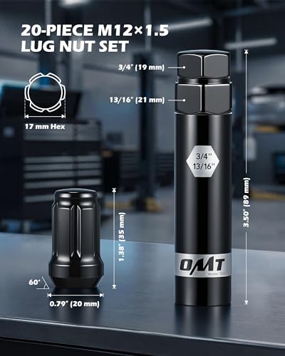 OMT M12x1.5 Lug Nuts with Cone Seat, 20pcs Lug Nuts Set with 1 Socket Key - color: Black, size: M12x1.5, style: 20Pcs Spline Tuner
