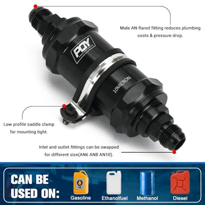 AN6 AN8 AN10 Inline Fuel Filter E85 Ethanol with 10 Micron Stainless Steel Element Black - size: AN6 AN8 AN10 - 10 Micron