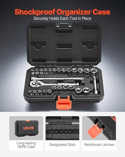 VEVOR Socket Set, 27 Pieces, 1/4 inch Drive Socket and Ratchet Set, SAE and Metric, Mechanic Tool Kit with Ratchet Wrench, Extension Bar and Storage Case, CR-V Alloy Steel, for Automotive Repair - size: 27-PCS