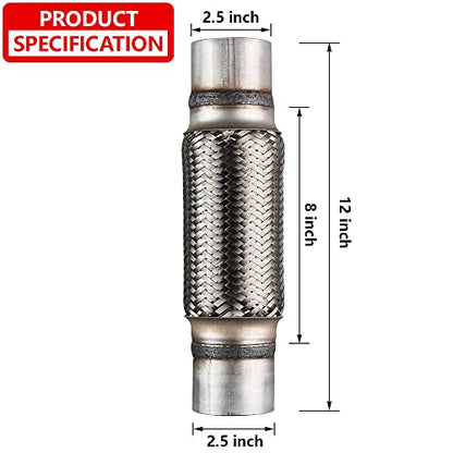 2 Pcs Exhaust Flex Pipe, 2.5''x 8''Stainless Steel Heavy Duty Exhaust Flex Pipe, Double Braid Exhaust Flex Tube, Overall Length 12'' - size: 2.5''x8''x12'', style: 2 PCS