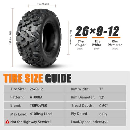 TRIPOWER All Terrain 26x9-12 ATV UTV Tires, Trail Sand Mud Off-Road 26x9x12 Tire, 6-Ply Tubeless, Set of 2 - size: 26x9-12