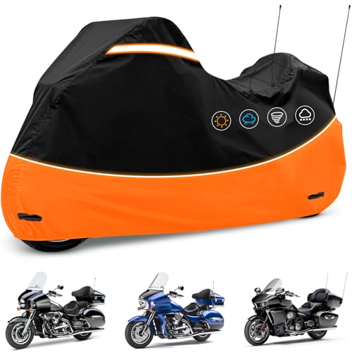 Motorcycle Cover Heavy Duty 420D Oxford Waterproof,Touring Motorcycle Cover Compatible with Harley Davidson Road King,Street Glide, Road Glide, Ultra Limited, CVO,Fits Motorcycles Up to 110" - size: 110"-Side+Top Box