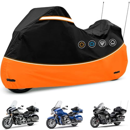 Motorcycle Cover Heavy Duty 420D Oxford Waterproof,Touring Motorcycle Cover Compatible with Harley Davidson Road King,Street Glide, Road Glide, Ultra Limited, CVO,Fits Motorcycles Up to 110" - size: 110"-Side+Top Box